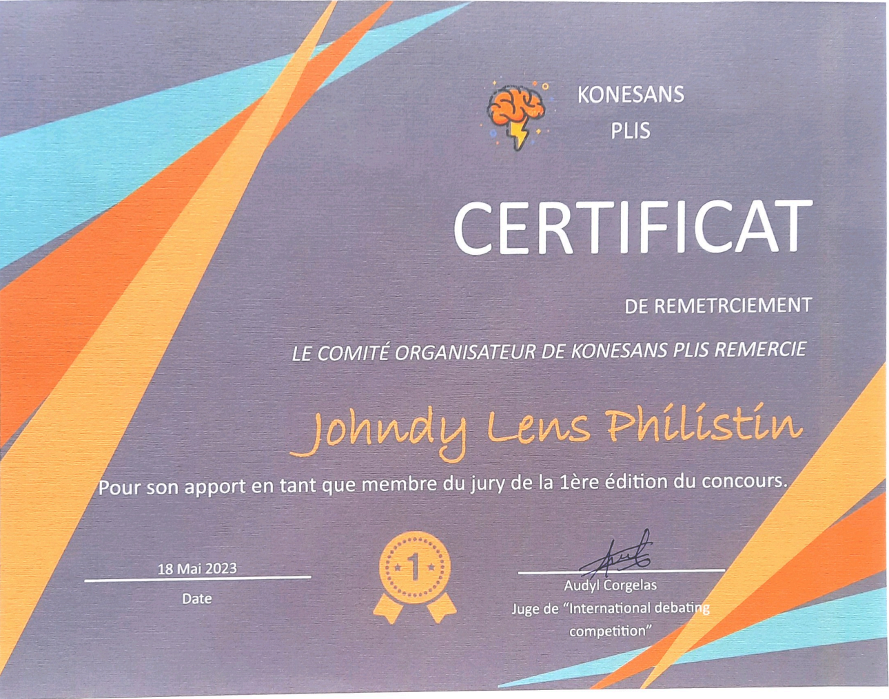 Certificate of thanks for being a judge at konesans plis competition