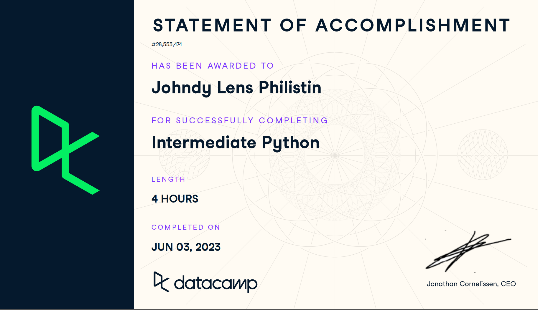 Certificate intermediate python on datacamp